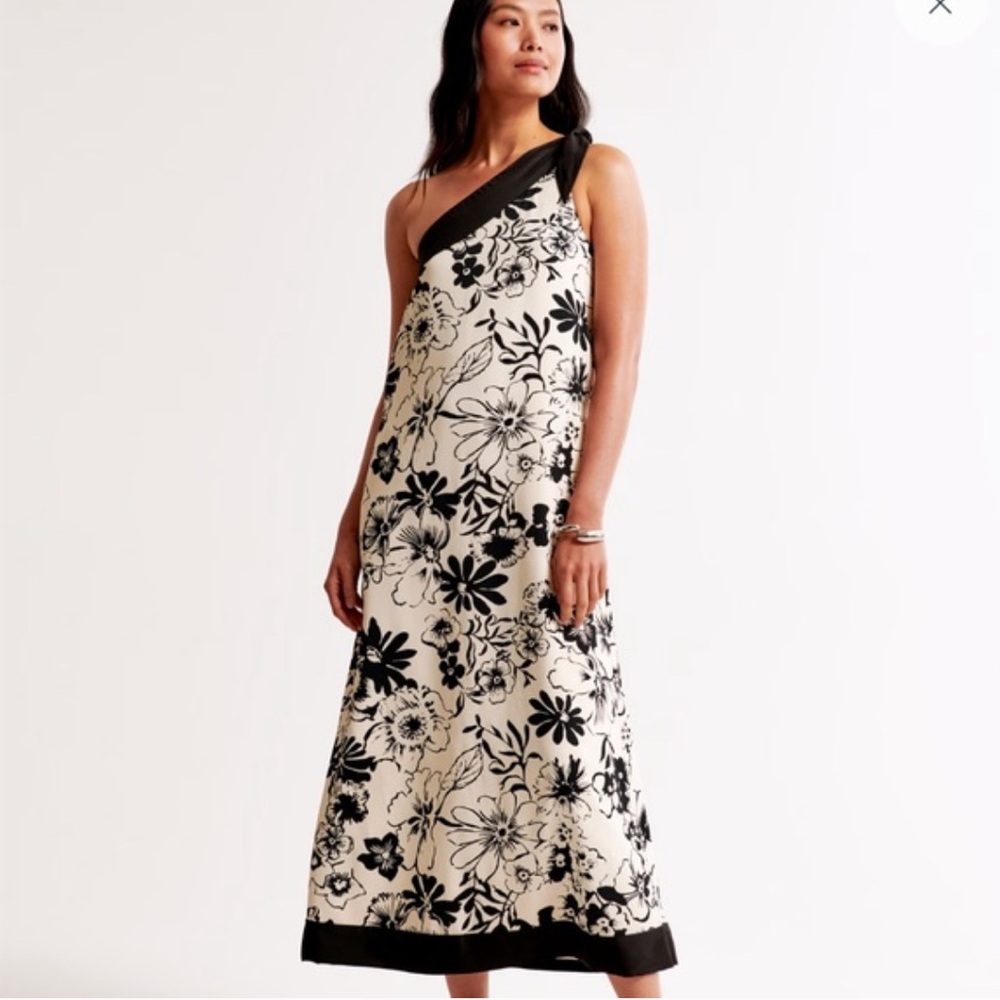 NWT Abercrombie & Fitch One-Shoulder Scarf Dress Black Cream Floral Tie, size LP